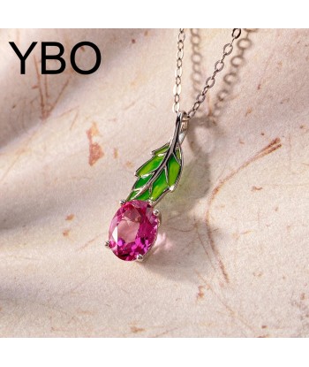 Sterling Silver Green Leaf Pendant Necklace with Pink Topaz for Women offre 