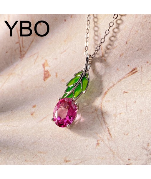 Sterling Silver Green Leaf Pendant Necklace with Pink Topaz for Women offre 