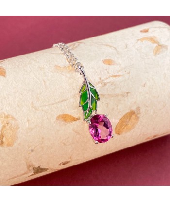 Sterling Silver Green Leaf Pendant Necklace with Pink Topaz for Women offre 