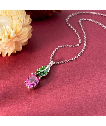 Sterling Silver Green Leaf Pendant Necklace with Pink Topaz for Women offre 