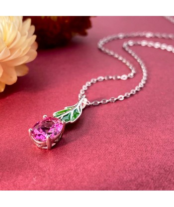 Sterling Silver Green Leaf Pendant Necklace with Pink Topaz for Women offre 