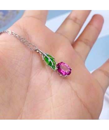 Sterling Silver Green Leaf Pendant Necklace with Pink Topaz for Women offre 