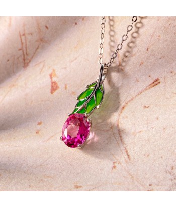 Sterling Silver Green Leaf Pendant Necklace with Pink Topaz for Women offre 