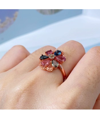 Sterling Silver Tourmaline Geometric Flower Adjustable Rings for Women de la marque