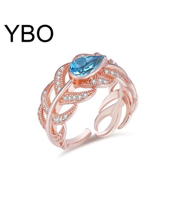 Rose Gold Plated Sterling Silver Swiss Blue Topaz Leaf Opening Ring for Women acheter en ligne