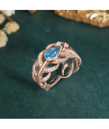 Rose Gold Plated Sterling Silver Swiss Blue Topaz Leaf Opening Ring for Women acheter en ligne