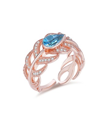 Rose Gold Plated Sterling Silver Swiss Blue Topaz Leaf Opening Ring for Women acheter en ligne