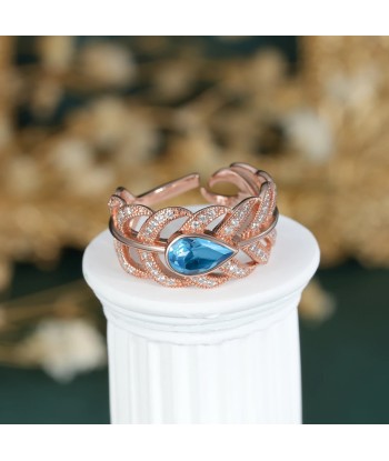 Rose Gold Plated Sterling Silver Swiss Blue Topaz Leaf Opening Ring for Women acheter en ligne