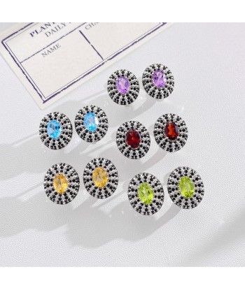 Sterling Silver 0.50 Ctw Natural Garnet Amethyst Peridot Citrine Topaz Black CZ Stud Earrings for Women commande en ligne