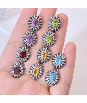 Sterling Silver 0.50 Ctw Natural Garnet Amethyst Peridot Citrine Topaz Black CZ Stud Earrings for Women commande en ligne