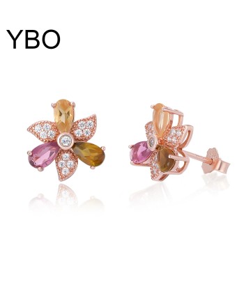 Sterling Silver 925 Natural Tourmaline Floral & Leaf Stud Earrings for Women en linge