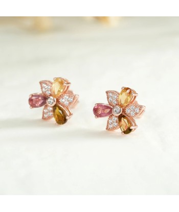 Sterling Silver 925 Natural Tourmaline Floral & Leaf Stud Earrings for Women en linge