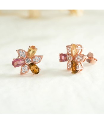 Sterling Silver 925 Natural Tourmaline Floral & Leaf Stud Earrings for Women en linge