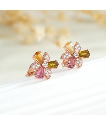 Sterling Silver 925 Natural Tourmaline Floral & Leaf Stud Earrings for Women en linge