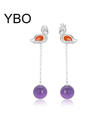 925 Sterling Silver Amethyst Dangling Swan Earrings for Women français