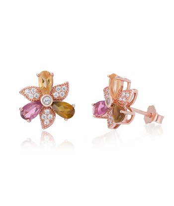 Sterling Silver 925 Natural Tourmaline Floral & Leaf Stud Earrings for Women en linge