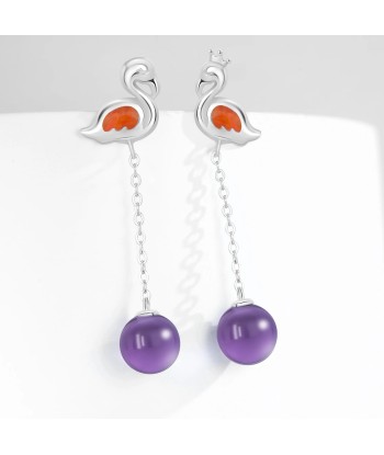 925 Sterling Silver Amethyst Dangling Swan Earrings for Women français