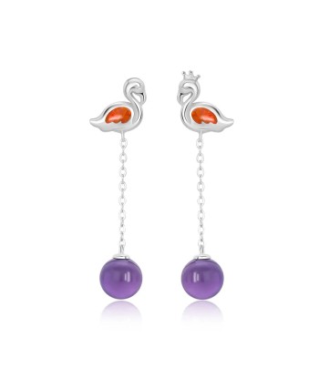 925 Sterling Silver Amethyst Dangling Swan Earrings for Women français