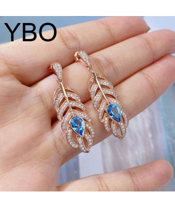 Rose Gold Plated Sterling Silver Feather Dangling Earrings with Blue Topaz for Women 2023