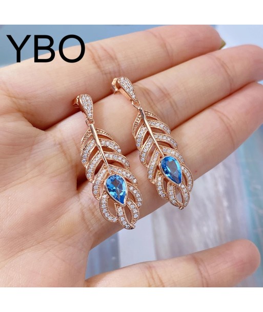 Rose Gold Plated Sterling Silver Feather Dangling Earrings with Blue Topaz for Women 2023