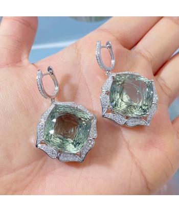 925 Sterling Silver Green Amethyst Dangle Earrings For Women solde