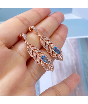 Rose Gold Plated Sterling Silver Feather Dangling Earrings with Blue Topaz for Women 2023