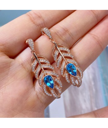 Rose Gold Plated Sterling Silver Feather Dangling Earrings with Blue Topaz for Women 2023