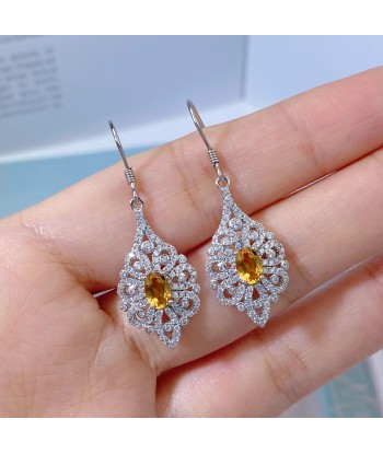 Sterling Silver Citrine Zircon Flower Drop Earrings for Women de France