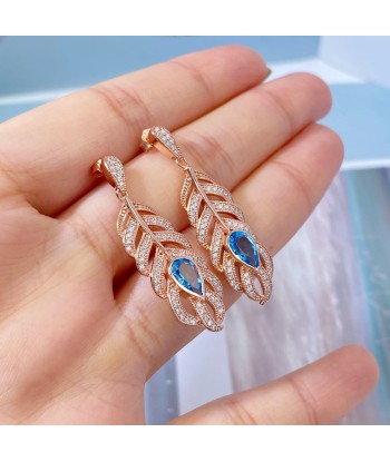 Rose Gold Plated Sterling Silver Feather Dangling Earrings with Blue Topaz for Women 2023