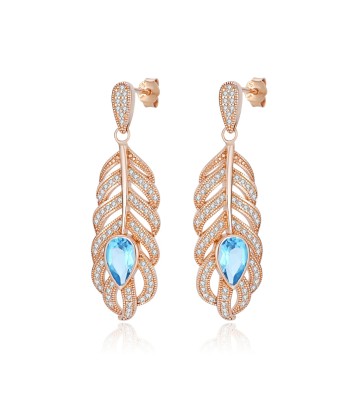 Rose Gold Plated Sterling Silver Feather Dangling Earrings with Blue Topaz for Women 2023