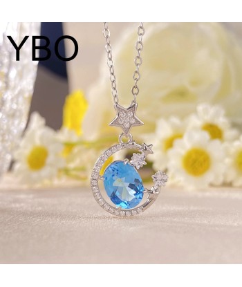 925 Silver Blue Topaz Moon and Star Pendant Necklace for Women la livraison gratuite