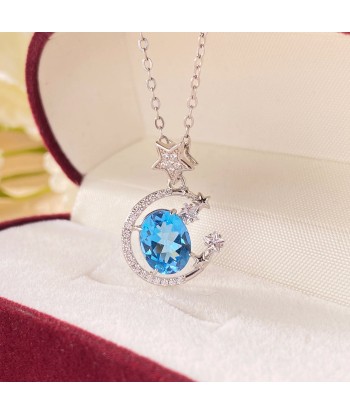 925 Silver Blue Topaz Moon and Star Pendant Necklace for Women la livraison gratuite