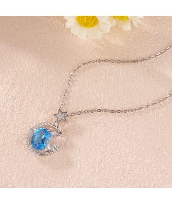 925 Silver Blue Topaz Moon and Star Pendant Necklace for Women la livraison gratuite