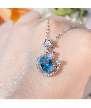 925 Silver Blue Topaz Moon and Star Pendant Necklace for Women la livraison gratuite