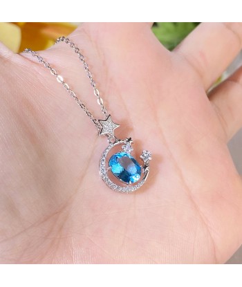 925 Silver Blue Topaz Moon and Star Pendant Necklace for Women la livraison gratuite