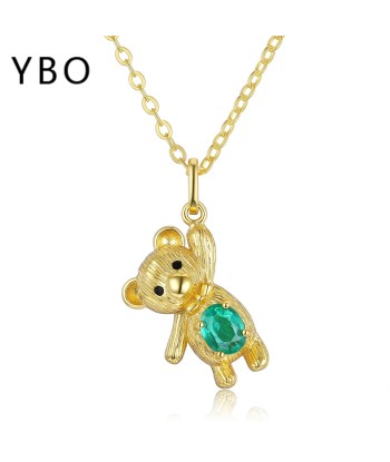 925 Sterling Silver Bear Pendant Necklace with Emerald, for Women Amélioration de cerveau avec