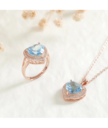 925 Sterling Silver Blue Topaz Necklace and Ring Set for Women destockage