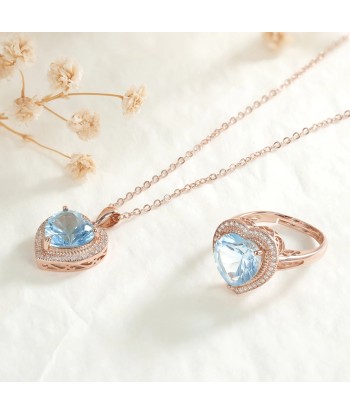 925 Sterling Silver Blue Topaz Necklace and Ring Set for Women destockage