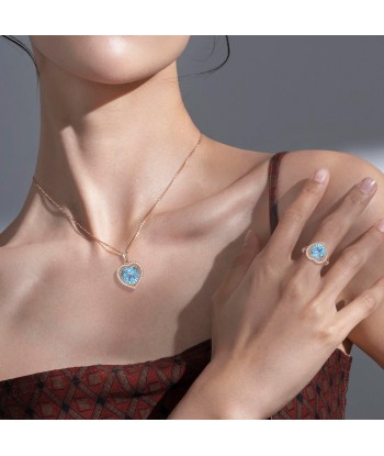 925 Sterling Silver Blue Topaz Necklace and Ring Set for Women destockage