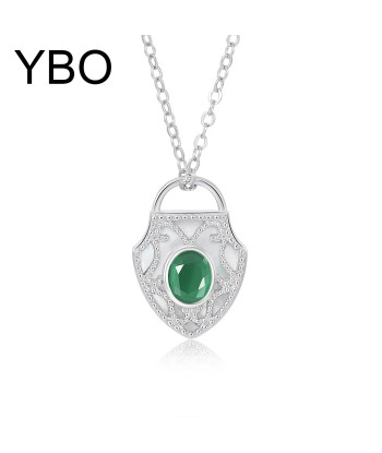 Sterling Silver Lock Shield Pendant with Green Emerald Inlay for Women votre restaurant rapide dans 