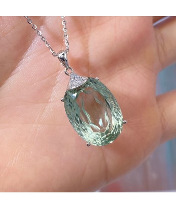 925 Sterling Silver Natural Green Crystal Oval Pendant for Women Paris Déstockage Promo