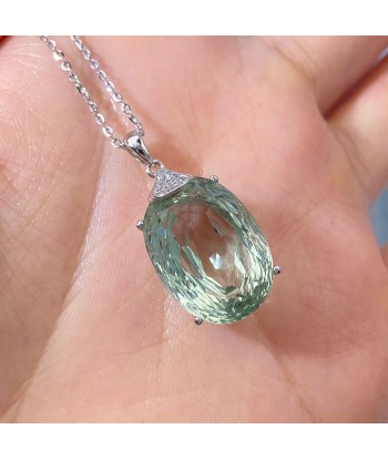 925 Sterling Silver Natural Green Crystal Oval Pendant for Women Paris Déstockage Promo