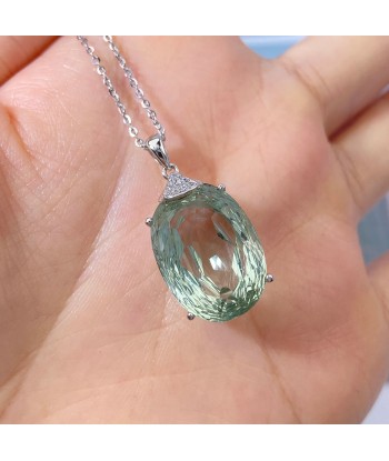 925 Sterling Silver Natural Green Crystal Oval Pendant for Women Paris Déstockage Promo