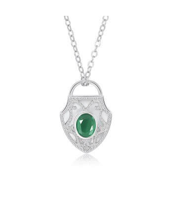 Sterling Silver Lock Shield Pendant with Green Emerald Inlay for Women votre restaurant rapide dans 