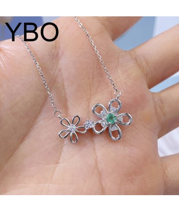 Sterling Silver Natural Emerald Flower Pendant Necklace for Women basket pas cher