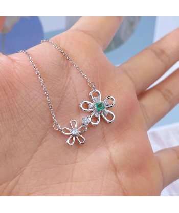 Sterling Silver Natural Emerald Flower Pendant Necklace for Women basket pas cher