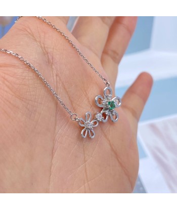 Sterling Silver Natural Emerald Flower Pendant Necklace for Women basket pas cher