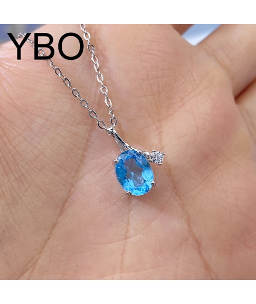 Sterling Silver 925 Natural Oval Blue Topaz Pendant Necklace for Women Les magasins à Paris