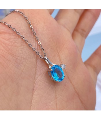 Sterling Silver 925 Natural Oval Blue Topaz Pendant Necklace for Women Les magasins à Paris