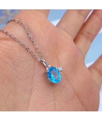 Sterling Silver 925 Natural Oval Blue Topaz Pendant Necklace for Women Les magasins à Paris